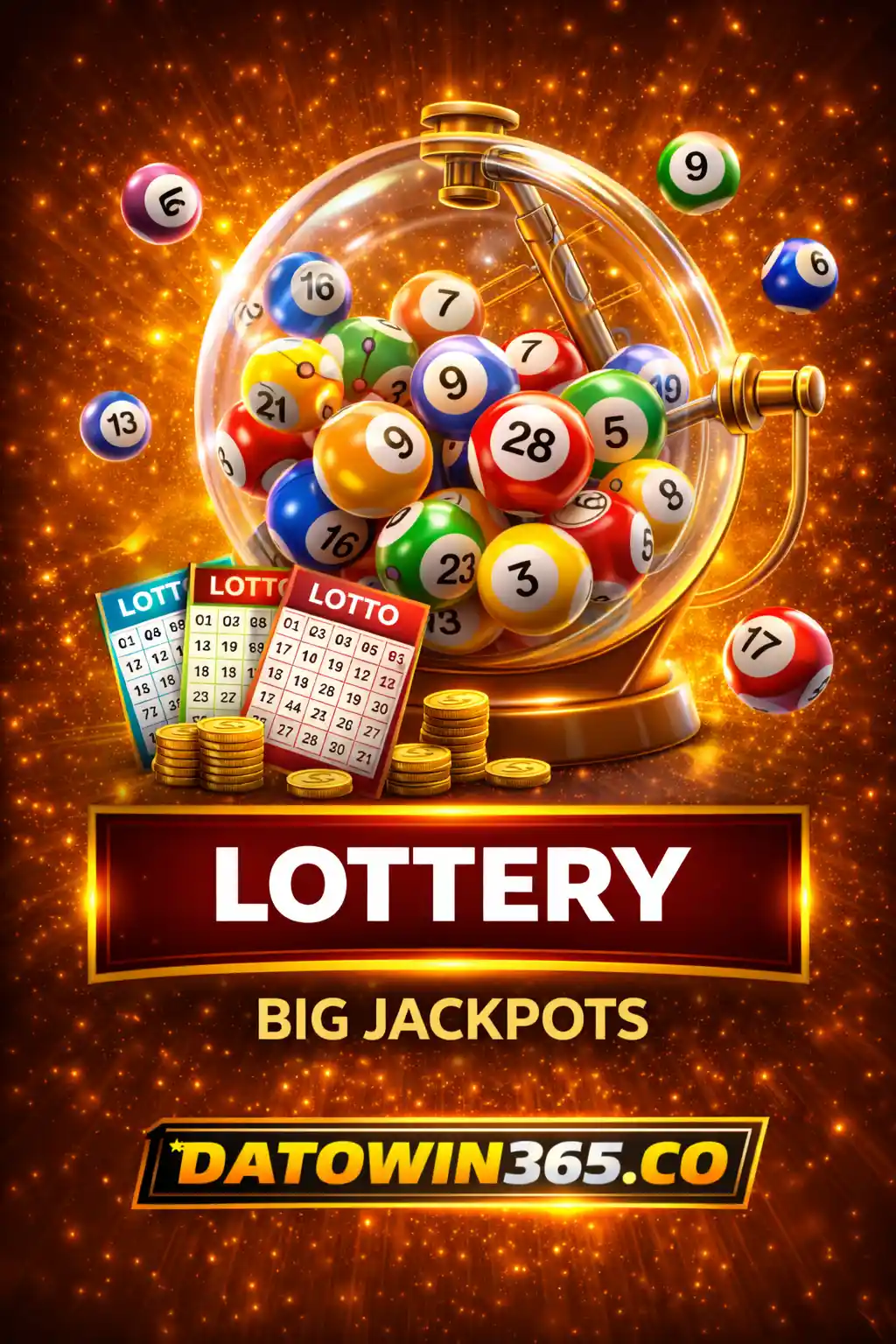 Lottery machine filled with colorful numbered balls, lottery tickets and gold coins, featuring ‘Lottery – Big Jackpots’ text and the Datowin365.co brand logo on a glowing gold background.
