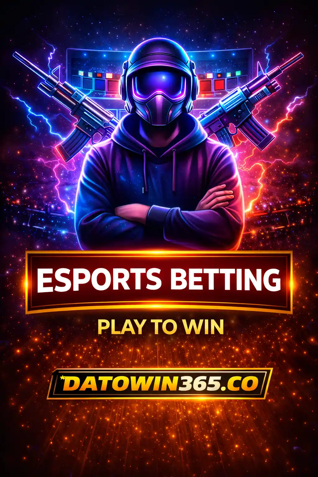 Futuristic esports gamer wearing a helmet with neon lighting, gaming weapons in the background, and ‘Esports Betting – Play to Win’ text with the Datowin365.co brand logo.