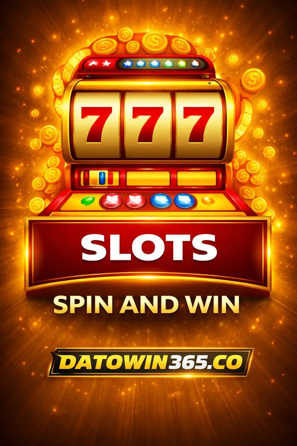 Golden slot machine showing 777 symbols with glowing coins, ‘Slots – Spin and Win’ text, and Datowin365.co brand logo at the bottom on a bright gold background.