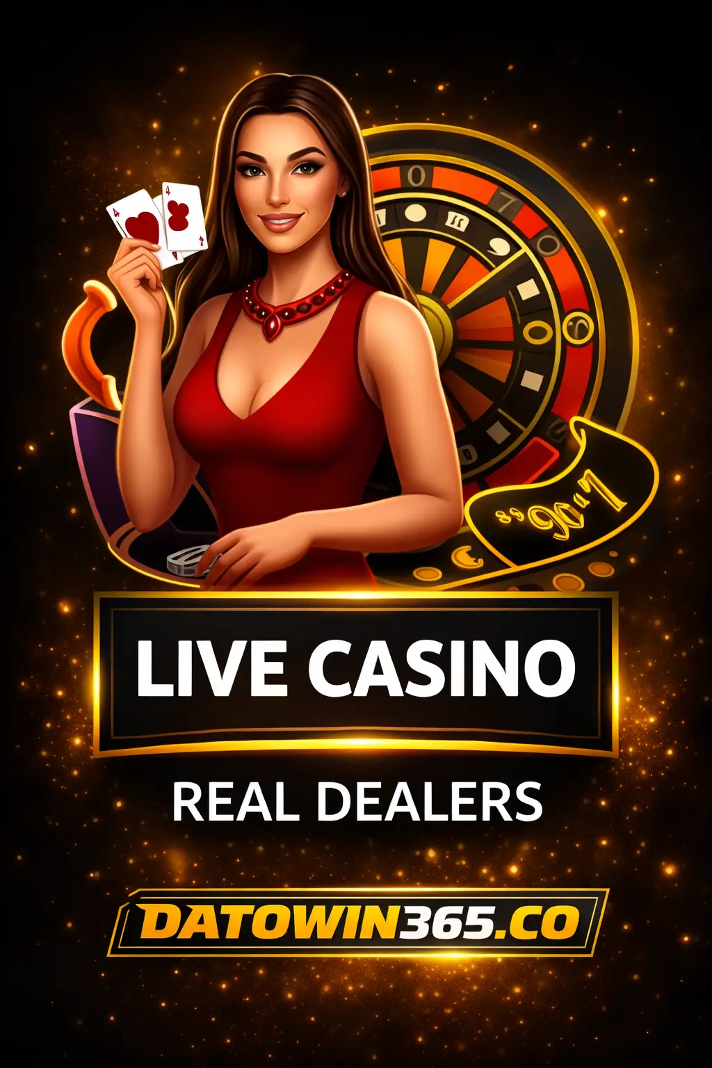Female live casino dealer holding playing cards in front of a roulette wheel, with ‘Live Casino – Real Dealers’ text and Datowin365.co brand logo on a dark gold background