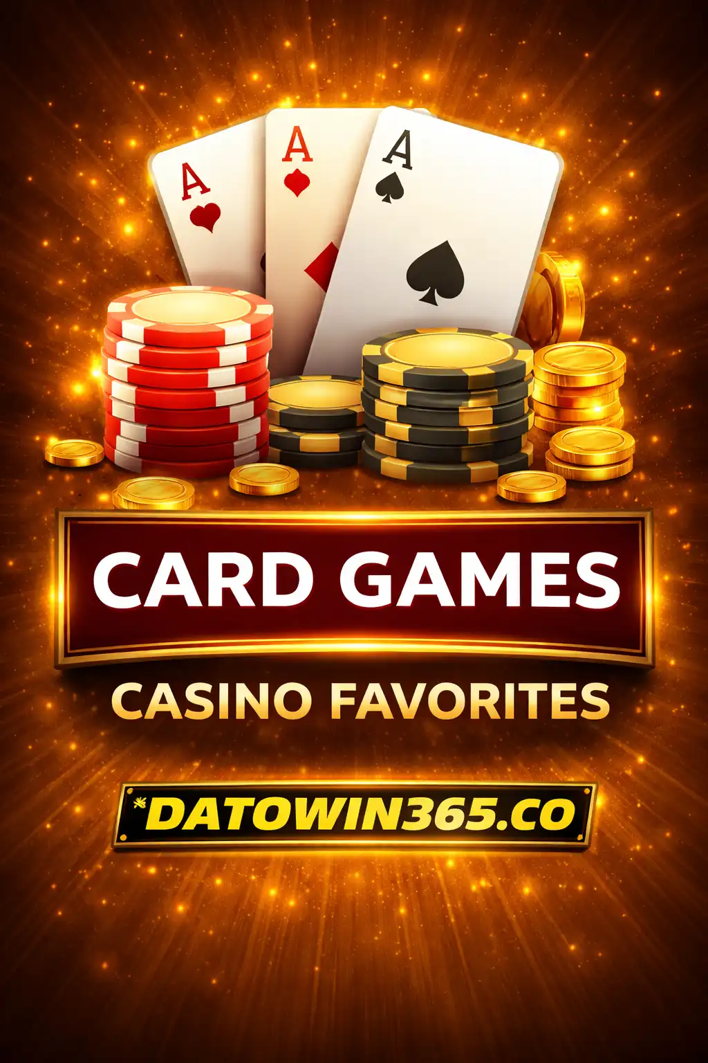 Three aces playing cards with stacks of poker chips and gold coins, featuring ‘Card Games – Casino Favorites’ text and the Datowin365.co brand logo on a glowing gold background.