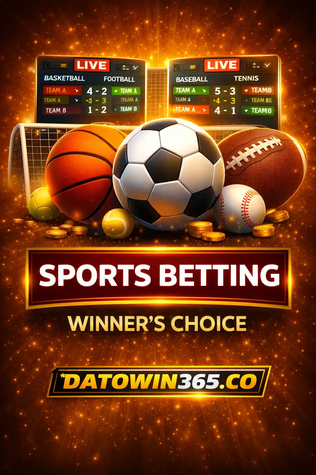 Sports betting illustration with soccer ball, basketball, football, and baseball in front of live match scoreboards, featuring ‘Sports Betting – Winner’s Choice’ text and Datowin365.co brand logo on a gold background.