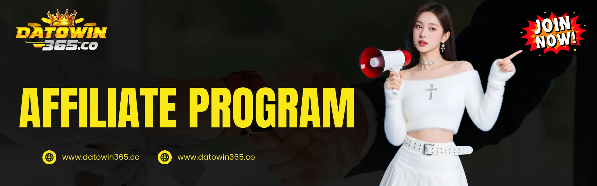 Datowin365 affiliate program banner showing referral marketing concept and online partnership opportunities