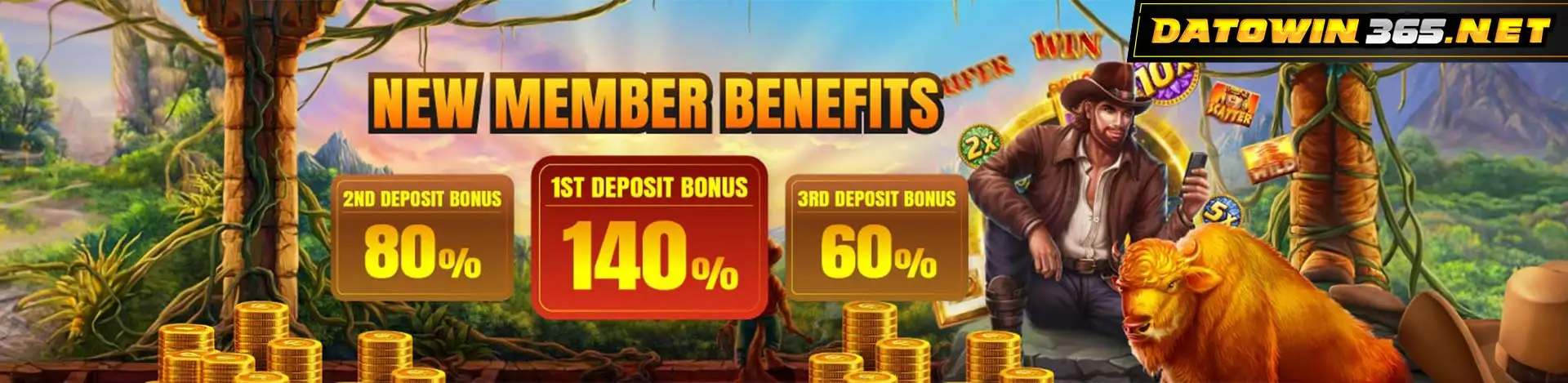 Datowin365 promotional banner showing new member benefits with 140% first deposit bonus, 80% second deposit bonus, and 60% third deposit bonus, featuring an adventure-themed explorer, a lion, gold coins, and slot game symbols.