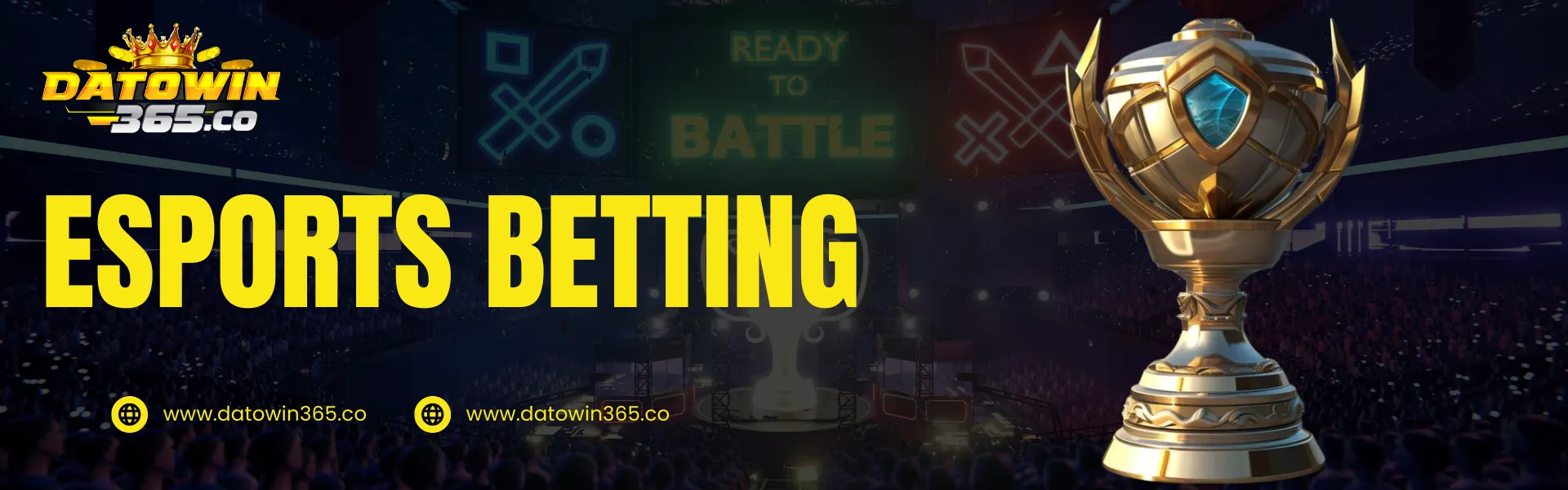Esports betting banner featuring a championship trophy inside a packed esports arena at Datowin365 Malaysia
