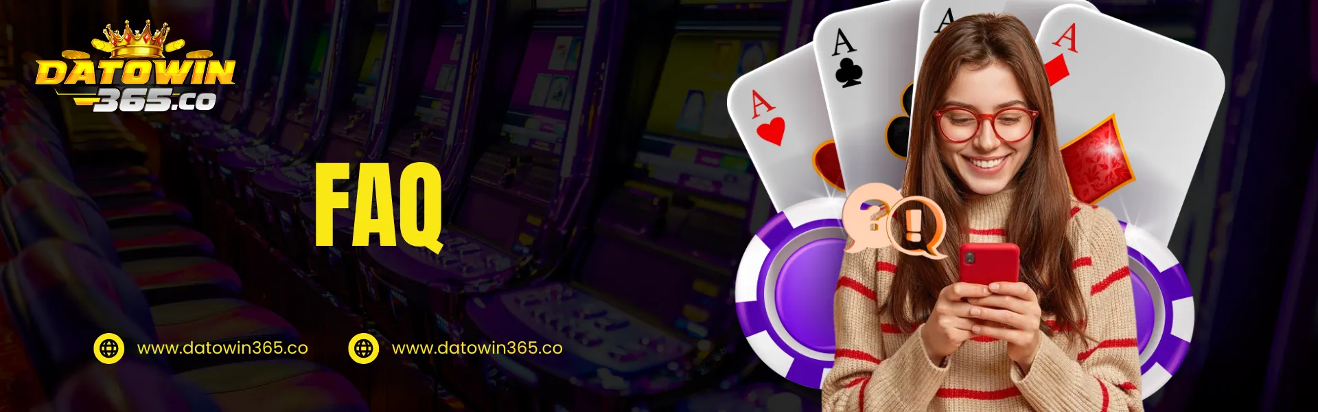 Datowin365 FAQ page banner showing online casino slots background and a user checking frequently asked questions on mobile