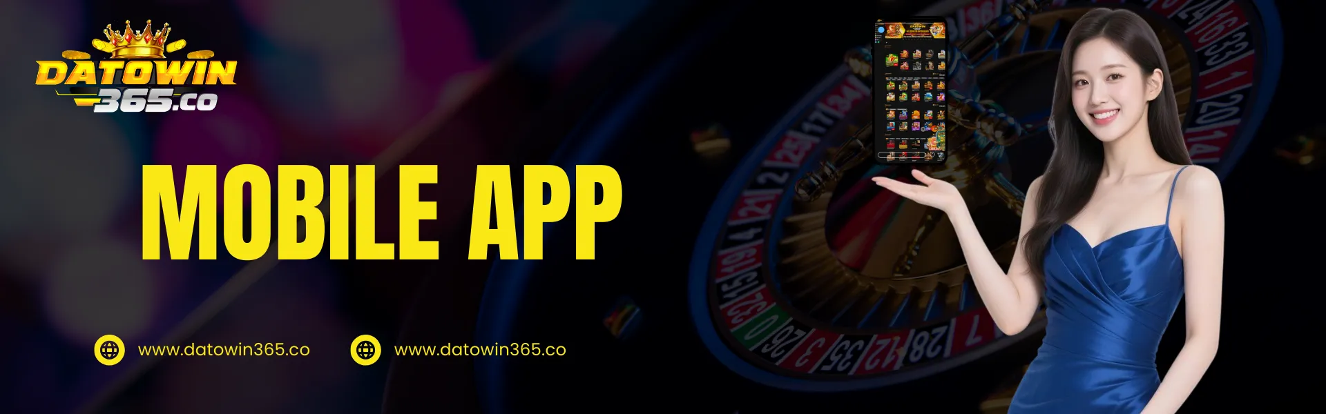 Datowin365 mobile app banner displaying smartphone casino interface for online betting and gaming on mobile devices