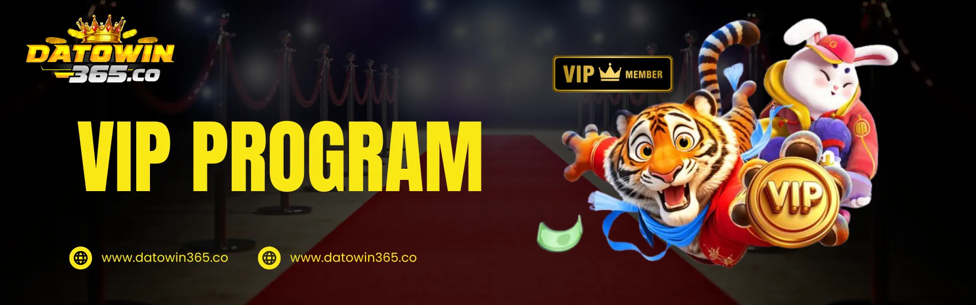 Datowin365 VIP program banner showing exclusive membership rewards, VIP badge, and premium casino benefits