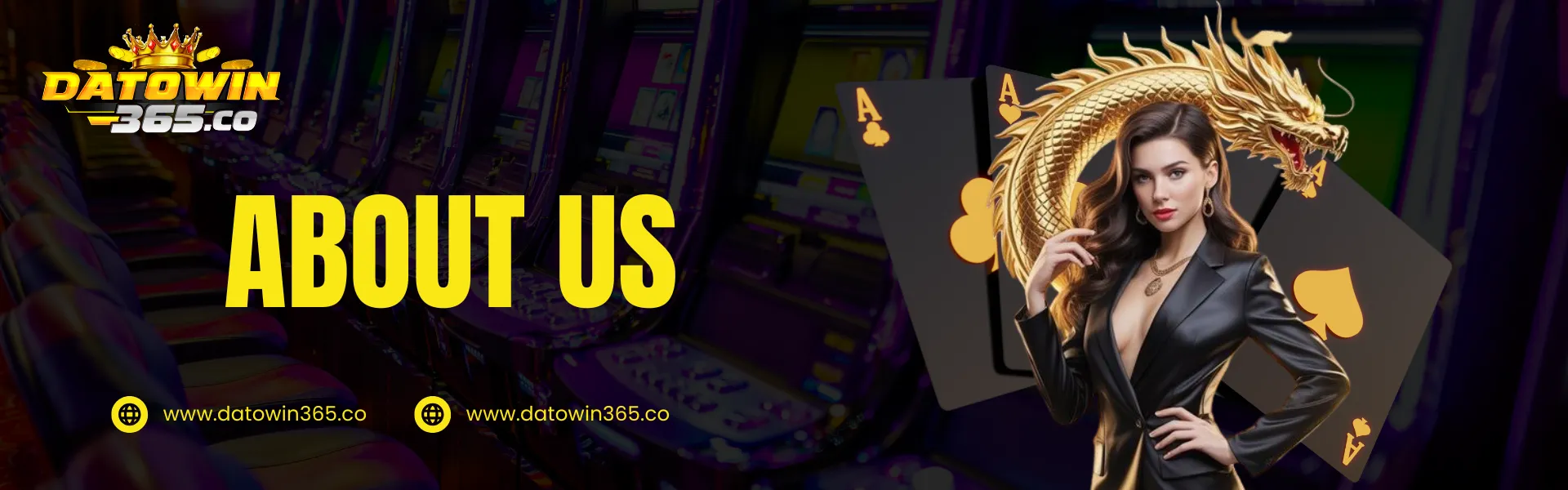 Datowin365 about us banner showing online casino background with playing cards, golden dragon design, and brand identity