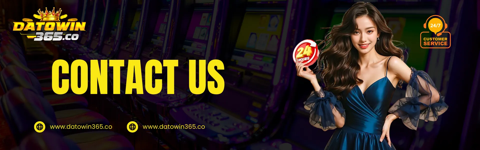 Datowin365 contact us banner showing customer service support available 24/7 for online casino players