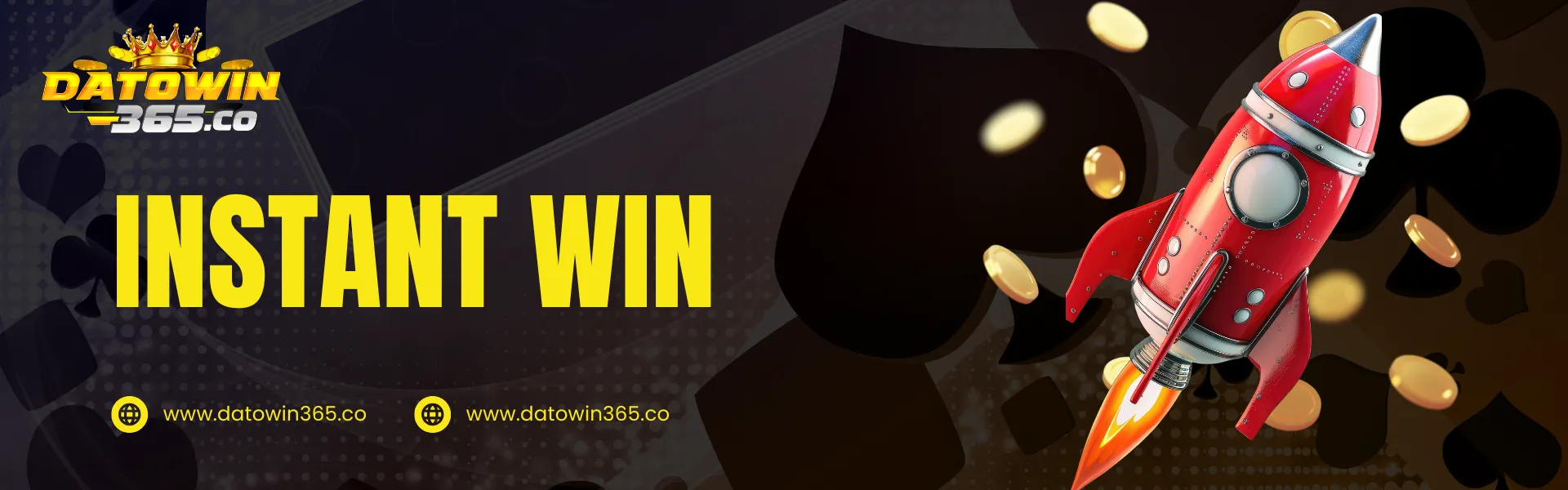 Instant win banner with a red rocket launching upward surrounded by gold coins, representing quick win games at Datowin365 Malaysia