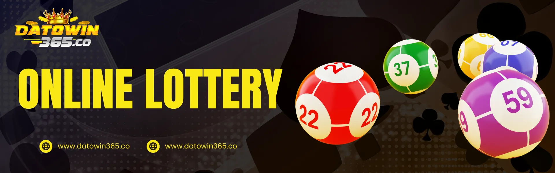 Online lottery banner displaying colorful numbered lottery balls representing digital lottery games at Datowin365 Malaysia