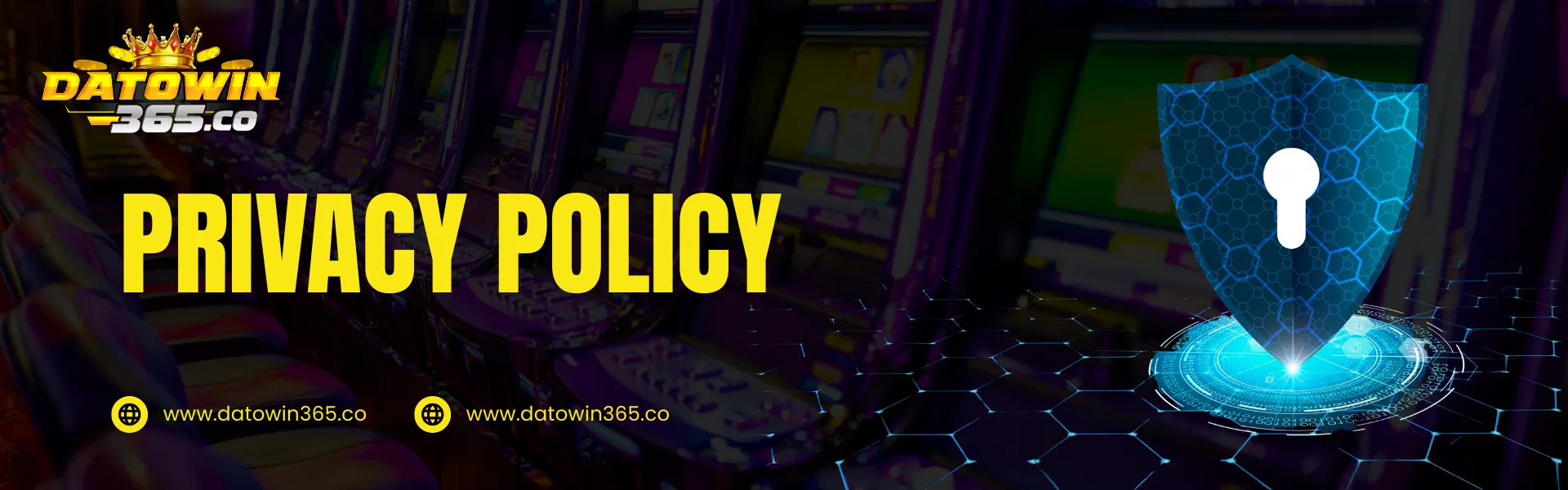 Datowin365 privacy policy banner with digital security shield symbol representing user data protection and privacy