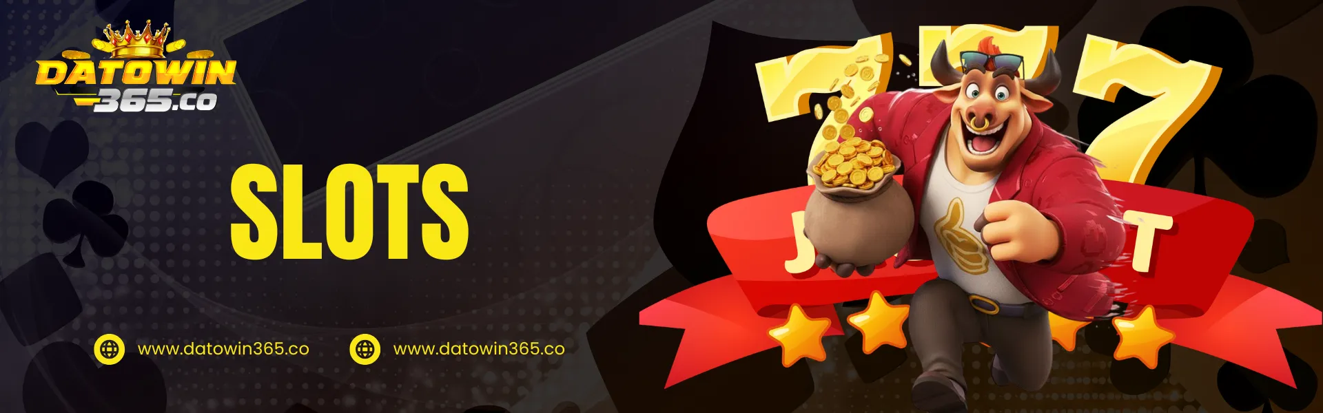 Datowin365 online slots featuring a cartoon bull holding a bag of gold coins with lucky number seven symbols and stars in the background