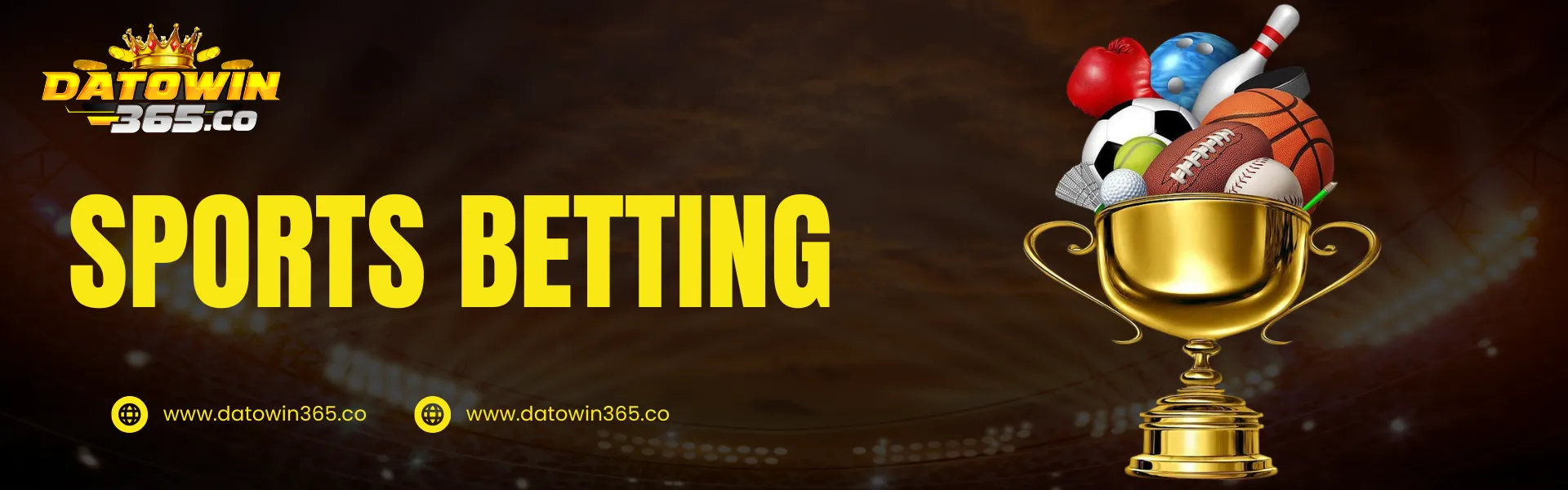 Sports betting banner showing a golden trophy filled with football, basketball, boxing gloves, and other sports equipment at Datowin365 Malaysia