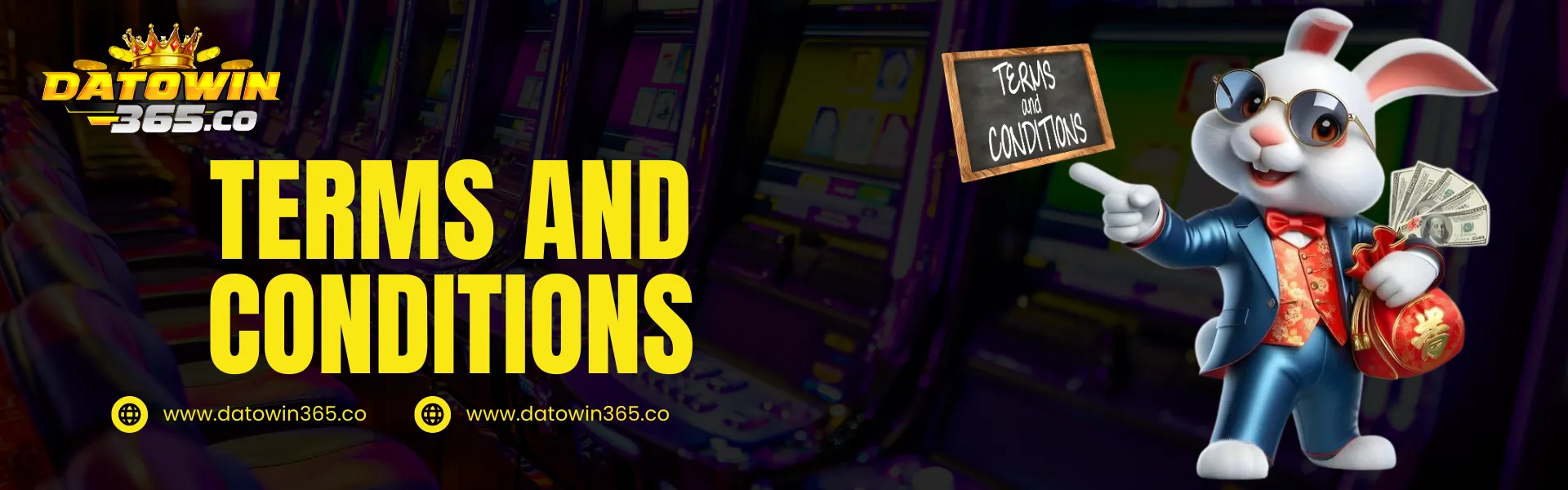 Datowin365 terms and conditions banner featuring a mascot holding a sign explaining rules, policies, and betting guidelines
