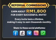 DATOWIN365 Referral Commissions program details, outlining how users can earn up to RM1,800 per successful invite, lifetime deposit and bet commissions, and achievement bonuses reaching RM2,888,000, along with terms of use.
